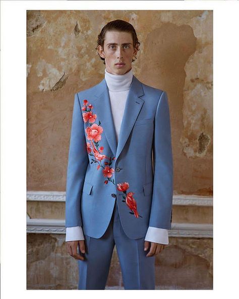 A single breasted suit in powder blue with cherry blossom embroidery, from the Alexander McQueen Spring/Summer 2019 men’s pre-collection. #McQueenMenPreSS19 #AlexanderMcQueen  from @alexandermcqueen's closet #alexandermcqueen Wedding Cocktail Attire, Cherry Blossom Embroidery, Cocktail Wedding Attire, Blossom Embroidery, Single Breasted Suit, 2 Piece Suit, Single Breasted Coat, Wedding Cocktail, Cocktail Attire