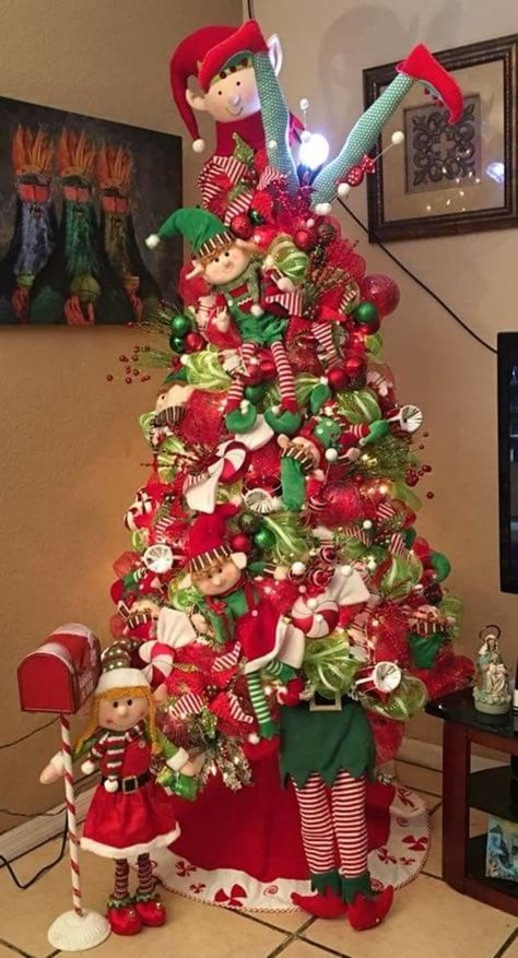 Elf Tree Christmas, Themed Christmas Tree Ideas, Small Space Christmas Tree, Unusual Decor, Christmas Tree Decorations Ribbon, Elf Christmas Decorations, Whimsical Tree, Themed Christmas Tree, Elf Decorations