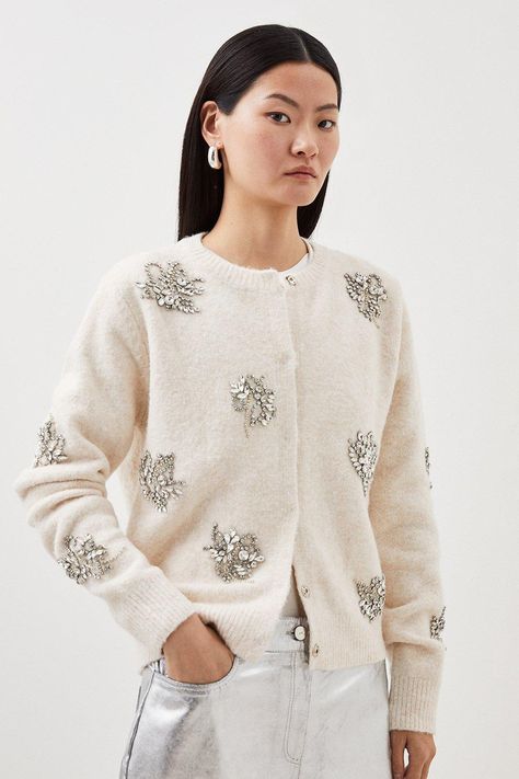 Wool Blend Embellished Cosy Knit Cardigan Cardigan Collection, Knitwear Trends, Embellished Cardigan, Outfits Petite, Mohair Cardigan, Áo Len Cardigan, Karen Millen, Fashion Face, Art Sketchbook