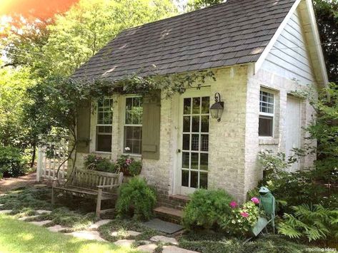 What is French Country Style? | The Difference Between French Country, English Cottage, & Farmhouse Style - MY CHIC OBSESSION Small Coastal Cottage Interiors, Dröm Hus Planer, Cottage Garden Sheds, Home Designs Exterior, Green Shutters, Cozy Cottages, Cottage Decorating, Shed Decor, Small Cottage Homes