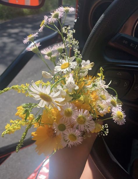 Yellow and white flowers Dandelion Bouquet Aesthetic, Daisies And Dandelions, Yellow Daisy Bouquet, Dandelion Bouquet, Yellow And White Flowers, White Dandelion, Daisy Bouquet, White Sunflowers, Wildflower Bouquet