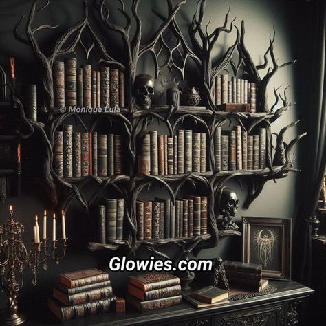 Victorian Gothic Bookshelf, Diy Gothic Bookshelf, Victorian Style Bookshelf, Gothic Shelf Diy, Gothic Library Aesthetic, Goth Bookshelf, Gothic Shelves, Gothic Bookshelf, Gothic Bookshelves