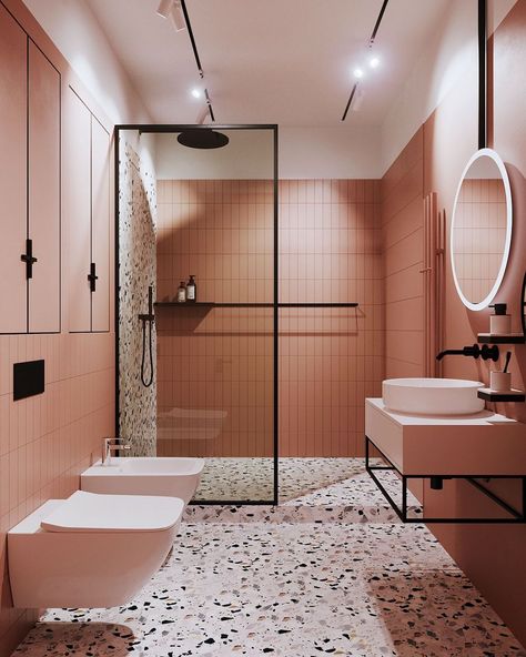 Pinky brown bathroom with terrazzo flooring | Earthy tones and 70's vibes: terracotta bathroom inspo Terracotta Bathroom, Popular Bathroom Designs, Bathroom Color Schemes, Bathroom Color, Diy Bathroom Decor, Hus Inspiration, Pink Bathroom, Small Bathroom Decor, Beautiful Bathrooms