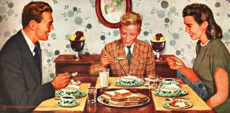 Vintage 1950s.Illustration 1950s Family, 1950s Illustration, 60s Illustration, Vintage Homemaker, Dinner Illustration, Boyfriend Dinner, Family Illustrations, Retro Americana, Classic Illustration