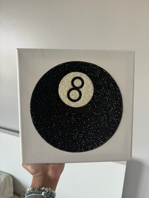 rhinestone embellished 8 ball 10x10 canvas, made with acrylic paint, black rhinestones and half pearls Rhinestone Designs Templates, Pink Canvas Art, Rhinestone Designs Pattern, Rhinestone Projects, Diamond Picture, Paint Black, Easy Canvas Art, Gems Art, Rhinestone Art