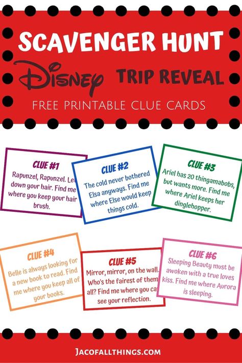 If you're looking for a fun and creative way to tell your kids that you're going to Disney, look no further! This Disney trip reveal scavenger hunt is sure to get them excited. Free printable clues! #disneytrip #disneyworld #disneytripreveal Disney World Reveal Scavenger Hunt, Scavenger Hunt Clues For Disney Trip, Universal Scavenger Hunt, Disney Vacation Scavenger Hunt Clues, Disney Trip Scavenger Hunt Clues Free Printable, Your Going To Disney Surprise, Surprise Your Going To Disney World, Disney Treasure Hunt Clues, Disney World Surprise Scavenger Hunt