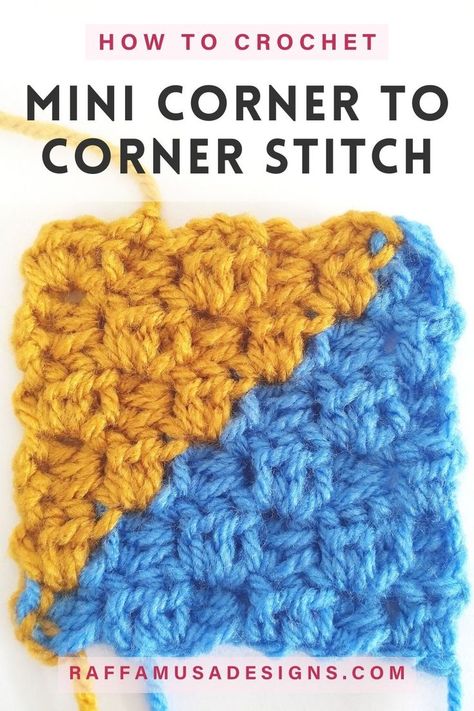 A mini corner to corner square made in two colors Different C2c Crochet Stitches, Mini C2c Crochet Pattern Free, Corner To Corner Crochet Stitches, C2c Half Double Crochet Pattern, Mini C2c Crochet Tutorial, Crochet Corner To Corner Pattern, C2c Crochet Pattern Free Charts Easy, C2c Stitches, C2c Rectangle