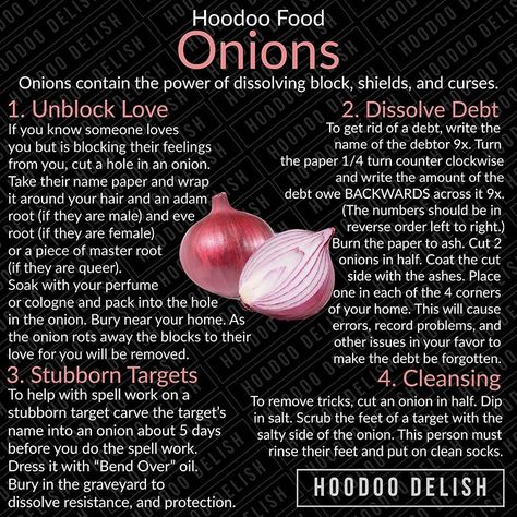 ~*~ HOODOO FOOD: ONIONS ~*~ You all asked for money onion spell after the Unblock My Money video. Here are some more great ways to use… Spiritual Herbs, Hoodoo Conjure Rootwork, Conjure Woman, Hoodoo Magic, Hoodoo Conjure, Money Video, Spells Magic, Hoodoo Spells, Witchcraft Spells For Beginners