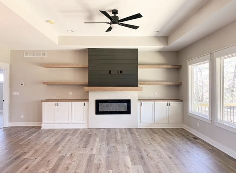 Built In Shelves Flex Room, Basement Living Room With Fireplace, Navy Built Ins With Fireplace, Built In Cabinets Living Room, Chalet Living Room, Shiplap Ideas, Fireplace Cabinet, Built In Around Fireplace, Basement Decoration