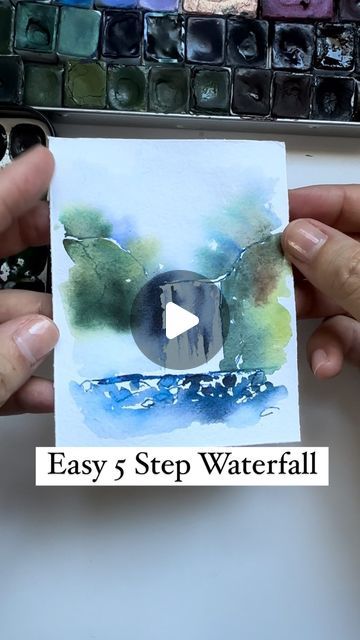 Waterfall Tutorial, Watercolor Waterfall, Watercolor Landscape Tutorial, Watercolor Painting Easy, Water Coloring, Watercolor Art Landscape, Waterfall Art, Waterfall Paintings, Step By Step Watercolor