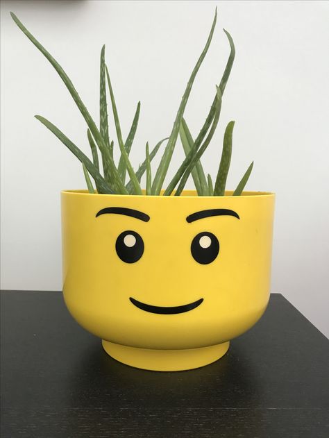 My Lego head plant pot! Plant Pot Upcycle Ideas, Lego Plant Pot, Lego Pottery, Funky Plant Pots, Lego Basement, Guy Bedroom Aesthetic, Head Plant Pot, Artistic Room, Lego Head