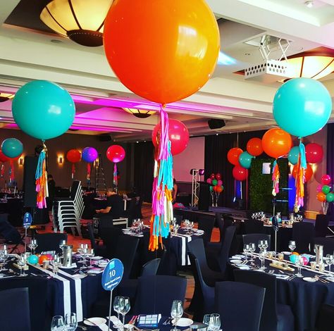 Big bold beautiful colour.  3ft including had made tassels. www.balloons.com.au Tassle Balloons, Party Ceiling Decorations, Inexpensive Centerpieces, Huge Balloons, Balloon Ceiling, Bar Mitzvah Party, Ideas Fiesta, Balloon Tassel, Blacklight Party