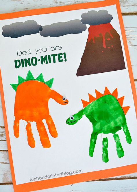 Handprint Dinosaurs Father's Day Card with "Dad, You're DINO-MITE!" Printable Template #freeprintable #card #template #dinosaur #daddy #handprintcraft #fathersdaycard #funhandprintartblog Volcano Background, Diy Father's Day Crafts, Dad Crafts, Fathers Day Art, Dinosaur Crafts, Diy Father's Day Gifts, Mothers Day Crafts For Kids, Handprint Crafts, Background Template