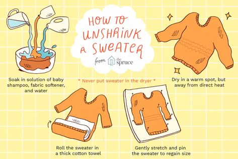 How to Unshrink a Shrunken Sweater How To Shrink Clothes, Shrunken Sweater, Wool Clothes, Accidents Happen, Wool Clothing, Household Tips, Favorite Sweater, Merino Wool Sweater, Fabric Softener