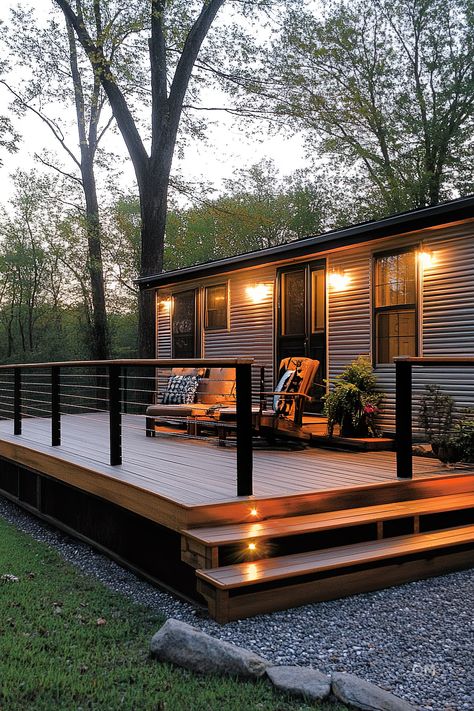 Beautifully illuminated mobile home deck with comfortable seating and wood railing, providing cozy outdoor deck decor ideas for mobile home living. Tiny House Porch Decks, Mobile Home Decks And Porches Single Wide, Decks And Porches For Mobile Homes, Trailer House Porch Ideas, Modular Home Porch Ideas, Mobile Home Patio Ideas, Mobile Home Decks And Porches, Manufactured Home Porch Ideas, Deck Off Back Of House