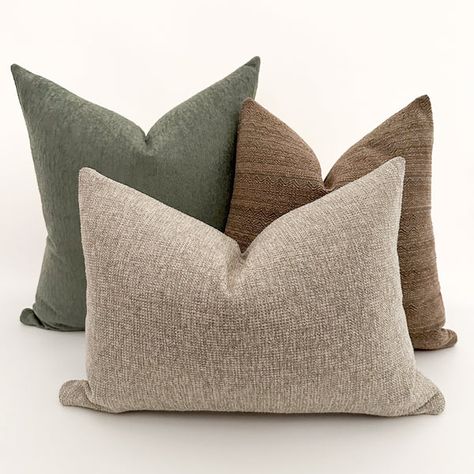 Shop decorative pillow covers made by us for your design. Enjoy a wide selection of colors and patterns for unlimited design possibilities. Green Couch Pillows Ideas Color Schemes, Styling A Light Grey Couch, Portfolio Moodboard, Light Gray Couch, Vibey Apartment, Grey Couch, Blankets And Pillows, Pillow Combos, Throw Pillows Living Room