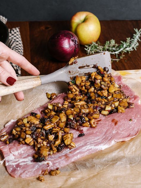 Pork Loin Stuffed With Apples, Pork Tenderloin Stuffed With Apples, Pork Tenderloin Recipes With Fruit, Pork Tenderloin With Apple Chutney, Stuffed Beef Recipes, Cranberry Apple Pork Tenderloin, Pork Tenderloin Apple Recipes, Thanksgiving Pork Tenderloin, Apple Chutney Recipe Pork