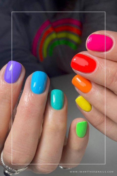 rainbow nails designs Short Nail Designs Pastel Colors, Opi Manicure Ideas, Fun Rainbow Nails, Rainbow Nails Natural, Rainbow Colored Nails, Colorful Ombré Nails, Easy Rainbow Nails, Very Short Nails Summer, Pride Manicure Ideas