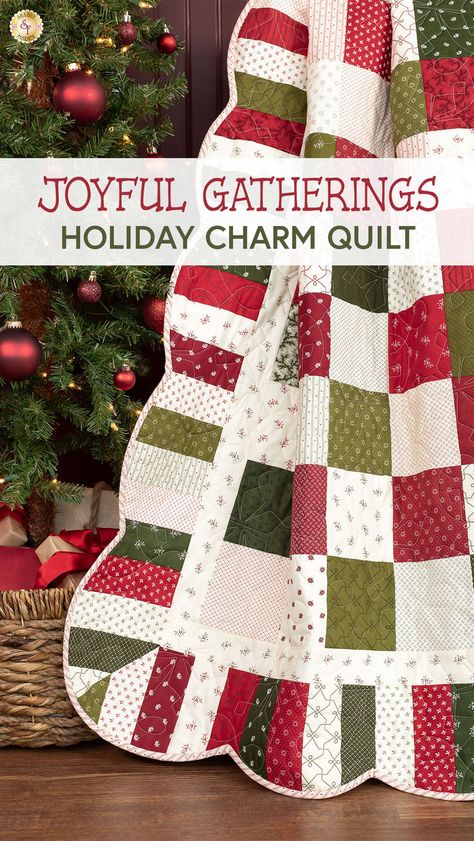 The Holiday Charm Quilt in the Holiday Charms - Joyful Gatherings collection designed by Primitive Gatherings for Moda fully captures the excitement of Christmas with classic prints. The basic piecing comes together easily, and be sure to watch the video as Jen shows you how to finish your quilt with a scalloped border! This quilt measures approximately 54-1/2" x 54-1/2". Christmas Present Quilt, Christmas Quilting Projects, Charm Square Quilt, Christmas Quilt Blocks, Classic Prints, Christmas Patchwork, Layer Cake Quilts, Christmas Quilt Patterns, Charm Quilt