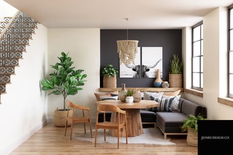 Rustic Breakfast Nook, Rustic Breakfast, Modern Boho Style, Black Accent Walls, Wood Tones, Look Here, Shop The Look, Breakfast Nook, Office Interior Design