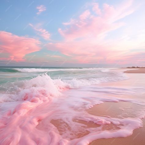 Premium Photo | Photo pink beach pink sky pink water Pink White And Blue Aesthetic, Beach Mood Board, Pink Sky Beach, Pink Summer Aesthetic, Pink Landscape, Background Collage, Beautiful Beach Pictures, Pastel Beach, Pink Sand Beach