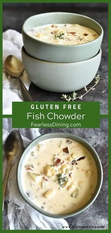 You will LOVE this Gluten Free Creamy Fish Chowder recipe! New England style fish chowder is so easy to make. No roux needed. (This soup is even lactose free!) This is comfort food in a bowl. Serve with crusty gluten free bread. Cod Chowder Recipe, Gluten Free Clam Chowder, Fish Chowder Recipe New England, Fish Chowder Recipe, Creamy Fish, Gluten Free Soup Recipes Glutenfree, Seafood Soup Recipes, Chowder Recipes Seafood, Gluten Free Fish