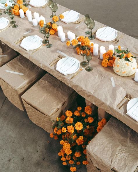 Steph (@fromthedaisies) • Instagram photos and videos Marigold Centerpiece, Marigold Moments, Marigold Wedding, Flower Table Decorations, Simple Table Settings, Marigold Flower, Simple Table, Butcher Paper, Love Ya