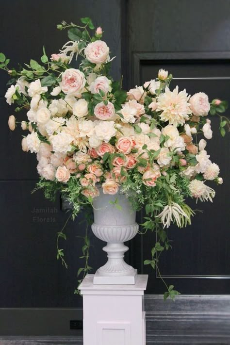 Wedding Faux Flowers, English Flower Arrangements, Flower Pillars Wedding, Church Altar Flower Arrangements, Ceremony Flowers Altar, Blush Floral Arrangements, Flower Altar, Wedding Ceremony Altar, Pink Shoot