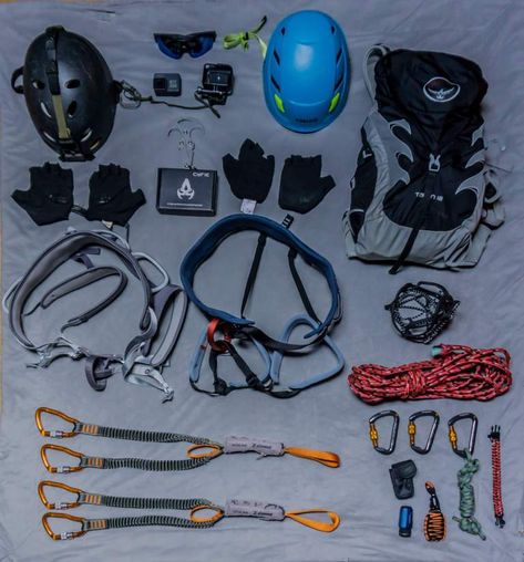 Via Ferrata Mountain Climbing Gear. Harness, Helmet, Via Ferrata Carabiner Set, GoPro, Gloves, Rope, Osprey Backpack Climbing Gears, Mountain Climbing Gear, Climbing Knots, Climbing Equipment, Alpine Climbing, Mountain Gear, Cool Dirt Bikes, Climbing Harness, Emergency Preparedness Kit