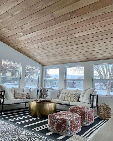 Stained and Planked Ceiling DIY – How-To! | Hometalk Wooden Wall Ceiling, Wood Ceiling Stain Ideas, Paneled Ceiling Kitchen, Stained Yellow Pine Ceiling, Stained Wood Ceiling Porch, Diy Ceiling Treatments, Wood Panel Vaulted Ceiling, Wood Ceiling In Bedroom, Wooden Plank Ceiling