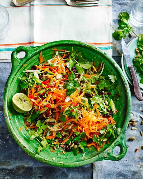 Add a zesty punch to a meat or fish dish with this carrot salad. This super healthy combination of carrot, ginger, seeds and raisins is flavoured with plenty of fresh lime and chilli. Spring Onion Salad, Pineapple Relish, Spring Lunch, Side Salads, One Pot Dinners, Magazine Website, Salad Pasta, Carrot Salad, Spring Onions