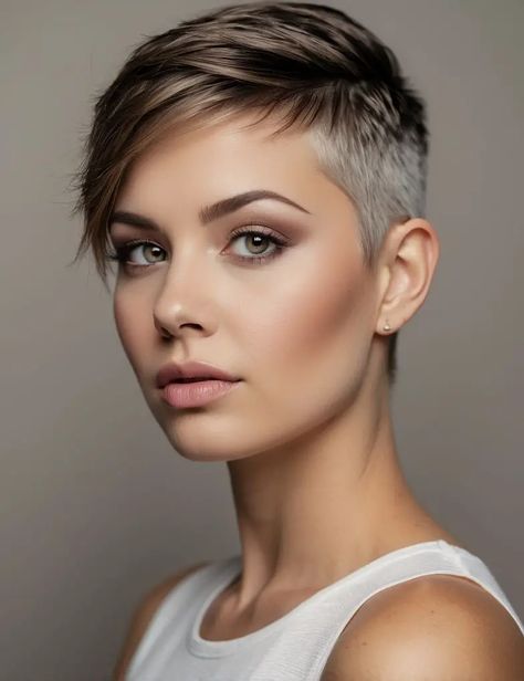 37 Creative Shaved Pixie Cut Ideas For Women Very Short Shaved Haircuts For Women, Pixie Hair Back View, Short Pixie Color Ideas, Shaved Short Hairstyle Women, Super Short Straight Hair, Womens Buzzed Hairstyles, Short Edgy Pixie Cuts Shaved Sides, Buzzed Pixie Haircut, Very Short Hair For Women