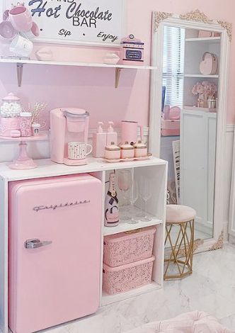 Pink Refrigerator, Nail Room Ideas, Esthetician Room Decor, Esthetics Room, Esthetician Room, Nail Salon Decor, Pink Room Decor, Beauty Room Decor, Beauty Room Design