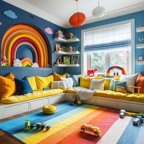 Colorful children's playroom with vibrant decor, rainbow decals, mustard yellow couch, and various toys for imaginative play Yellow Playroom Ideas, Playroom Couch Ideas, Boy Rainbow Room, Playroom With Couch, Mustard Yellow Couch, Yellow Playroom, Playroom Design Ideas, Multicolored Rug, Rainbow Playroom