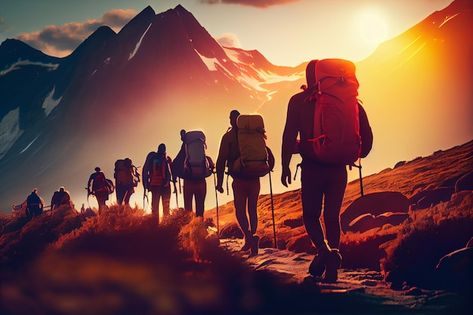 Photo hikers with backpacks on the trail... | Premium Photo #Freepik #photo #trekking #hiking #mountain-hiking #adventure Hiking Background, Hiking Adventure, Fb Covers, Mountain Hiking, The Trail, Mountaineering, In The Mountains, Premium Photo, Photo Collage