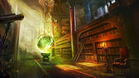 Download Wallpaper 1920x1080 Magic, Ball, Library, Columns,  castle Full HD 1080p HD Background Wizard Study, Magical Library, Ancient Library, Nerd Games, Book Artwork, Fantasy Setting, Fantasy Places, Hd Backgrounds, Equestria Girls