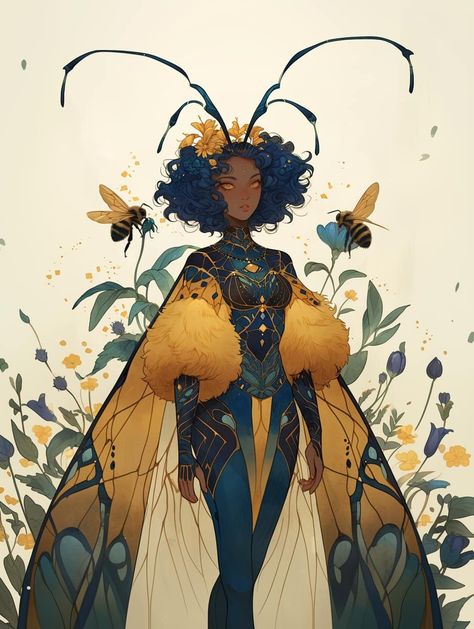 Facebook Butterfly People Art, Bee Fairy Art, Honey Bee Character Design, Bumble Bee Character Design, Luna Moth Character, Dnd Fae Character, Bee Fantasy Art, Fairy Dnd Character Art, Bee Themed Outfit