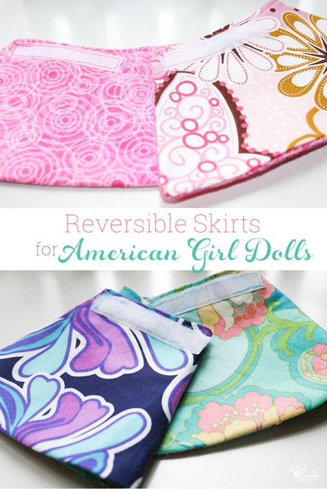 Such cute sewing. American Girl Doll Clothes pattern to make DIY reversible skirts for the dolls. Love how easy these are! #AGDoll #Sewing #Pattern #AmericanGirlDoll American Girl Doll Diy, American Girl Patterns, Doll Clothes Pattern, American Girl Doll Crafts, American Girl Doll Accessories, Doll Clothes Patterns Free, American Girl Crafts, American Girl Doll Patterns, American Girl Doll Clothes Patterns