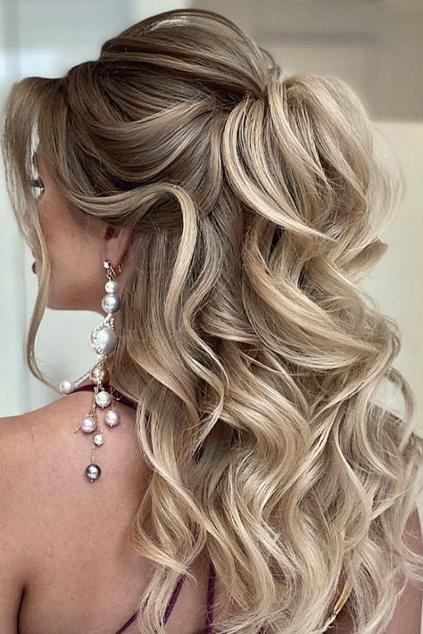 Obsessed with the wedding hair half up style. Follow along for more bridal looks, and let me know below. Wedding Hair Up And Down Half Up, Bridal Half Ponytail, Bridgette Bardot Wedding Hair, Bridal Hair Half Up With Pearls, Bouncy Half Up Half Down, Half Pony Bridal Hair, Hollywood Waves Wedding Half Up, Half Up Volume Wedding Hair, Half Up Half Down Curled Wedding Hair