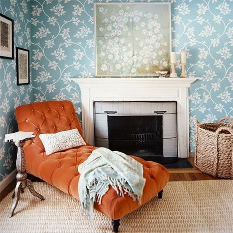 Decor Adventures Orange Chaise Lounge, Bedroom Eclectic, Orange Couch, Velvet Furniture, Eclectic Bedroom, Bedroom Color Schemes, Blue Wallpaper, Bedroom Colors, My New Room