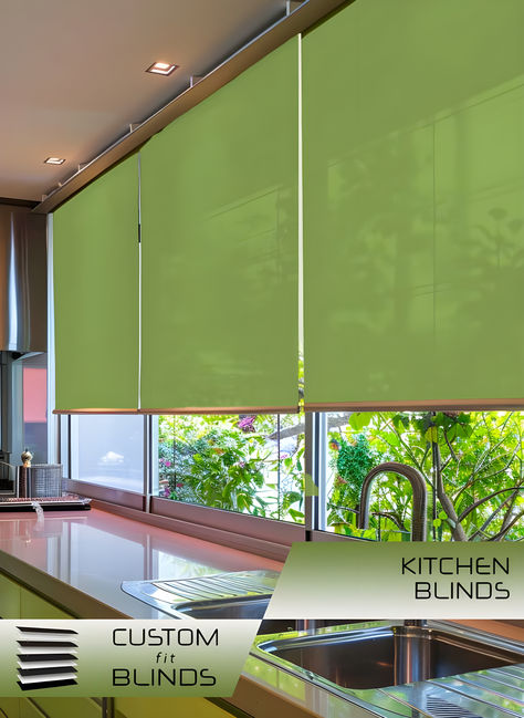 Transform your kitchen with sage green roller blinds, adding a touch of freshness and charm to your culinary space. Colourful Kitchen Ideas, Colorful Bar Stools, Colorful Backsplash, Colourful Kitchen, Color Sage Green, Fitted Blinds, Kitchen Design Trends, Checkerboard Pattern, Colorful Curtains