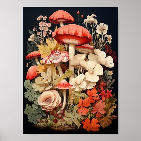 Vintage Style Mushroom Art Poster Vintage Mushroom Art, Fungi Art, Cottagecore Mushroom, Mushroom Pattern, Spring Coloring Pages, Unique Gift Items, Gift Wrap Paper, Botanical Art Prints, Dark Cottagecore