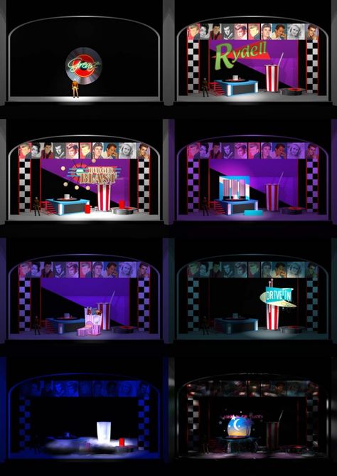 Theatrical design by Sean Martin at Coroflot.com 90s Stage Design, Grease Play Set Design, 50s Set Design, Grease Musical Set Design, Grease Set Design, Retro Stage Design, Grease Play, Stage Reference, Gcse Drama