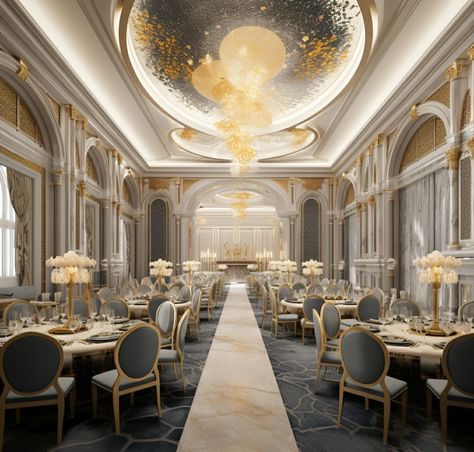 **banquet hall interior design for a seven star hotel of size feet and height 10 feet, grand luxury palace type, roman design for walls, parametric false ceiling, carpet flooring, futuristic roman, luxury, unique, HD Futuristic Roman, Interior Design Hd, Roman Design, Luxury Palace, Wedding Banquet Hall, Hotel Room Interior, Mid Journey, Hall Flooring, Function Hall