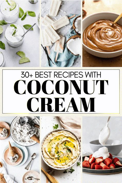 Why not make use of that half-full can of coconut cream in your fridge with these amazing 30+ Coconut Cream Recipes? Coconut cream is incredibly versatile and tasty, perfect for both savory and sweet dishes. It will add thickness and tropical flavor to smoothies, creaminess to coconut lime chicken, richness to homemade popsicles and make a luxurious vegan caramel sauce! Coconut Cream Uses Recipes, Recipes Using Canned Coconut Cream, What Can You Make With Coconut Cream, Smoothie With Coconut Cream, Coconut Cream Breakfast Recipes, Things To Make With Coconut Cream, Recipes With Coconut Cream Dinner, What To Make With Coconut Cream, Recipes That Use Coconut Cream