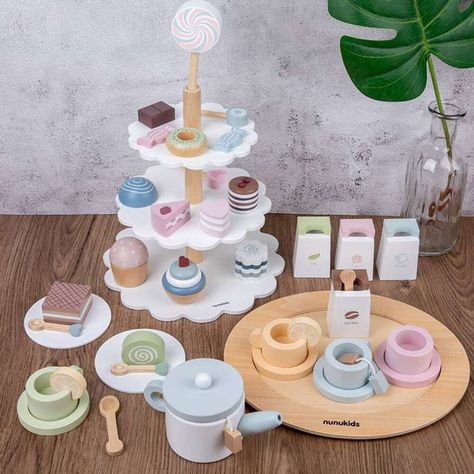 none Afternoon Tea Birthday Cake, Ice Cream Pizza, Diy Montessori Toys, Toy Tea Set, Cake Ice Cream, Afternoon Tea Set, Tea Party Setting, Food Play, Wooden Food