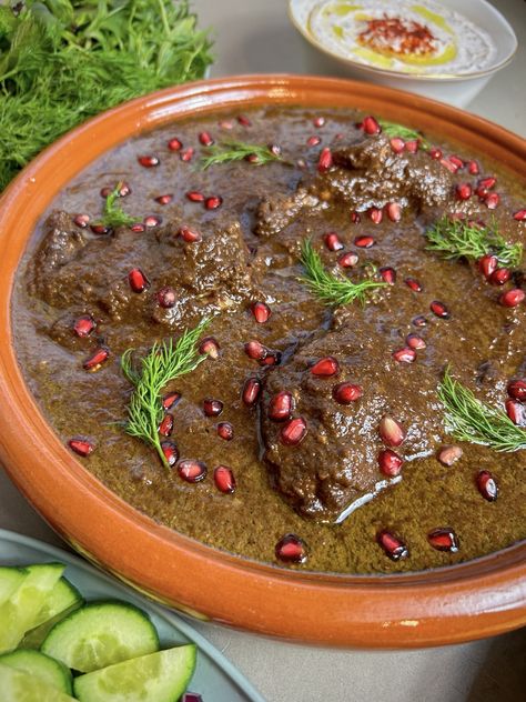 Fesenjan (Persian Chicken, Walnut & Pomegranate Stew) Persian Chicken Stew, Fesenjan Chicken, Persian Meals, Fesenjan Recipe, Persian Stew, Persian Food Iranian Cuisine, Persian Chicken, Meat Stew, Persian Kitchen