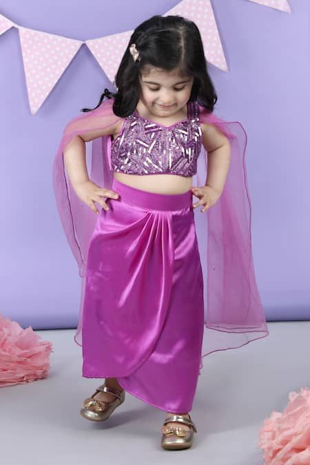 Buy Purple Satin Embroidered Sequins Top And Dhoti Skirt Set For Girls by The little celebs Online at Aza Fashions. Purple Satin Top, Purple Skirt Outfit, Dhoti Skirt, Kids Indian Wear, Kids Party Wear Dresses, Kids Dress Collection, Kids Party Wear, Kid Outfits, Sequins Top