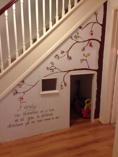 Made this for our little boy! Playhouse under the stairs Stairs Playroom, Under Stairs Playhouse, Under Stairs Playroom, Small Kids Playrooms, Room Under Stairs, Basement Stairs Ideas, Small Bedroom Remodel, Stairs Ideas, Under The Stairs