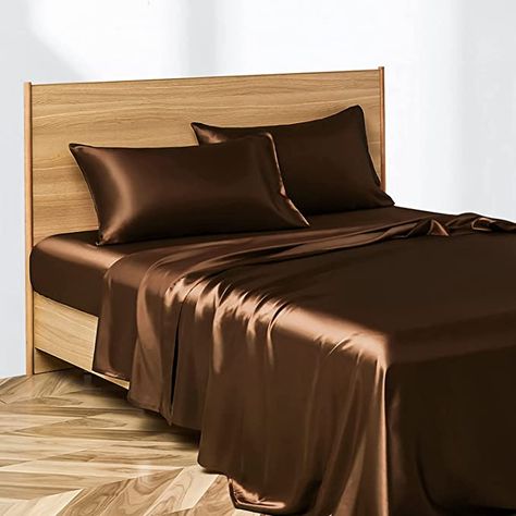 Amazon.com: Candoury Satin Silk Sheets Queen Bed Set 4 Pcs, Soft and Durable Pillowcase, Flat Sheet and Fitted Sheet, Hotel Luxury Bed Sheets Set(Queen, Brown) Satin Bed Sheets, Beautiful Bed Designs, Satin Bed, Queen Size Sheets, Luxury Bed Sheets, Silk Sheets, Bed Design Modern, Satin Bedding, Satin Sheets